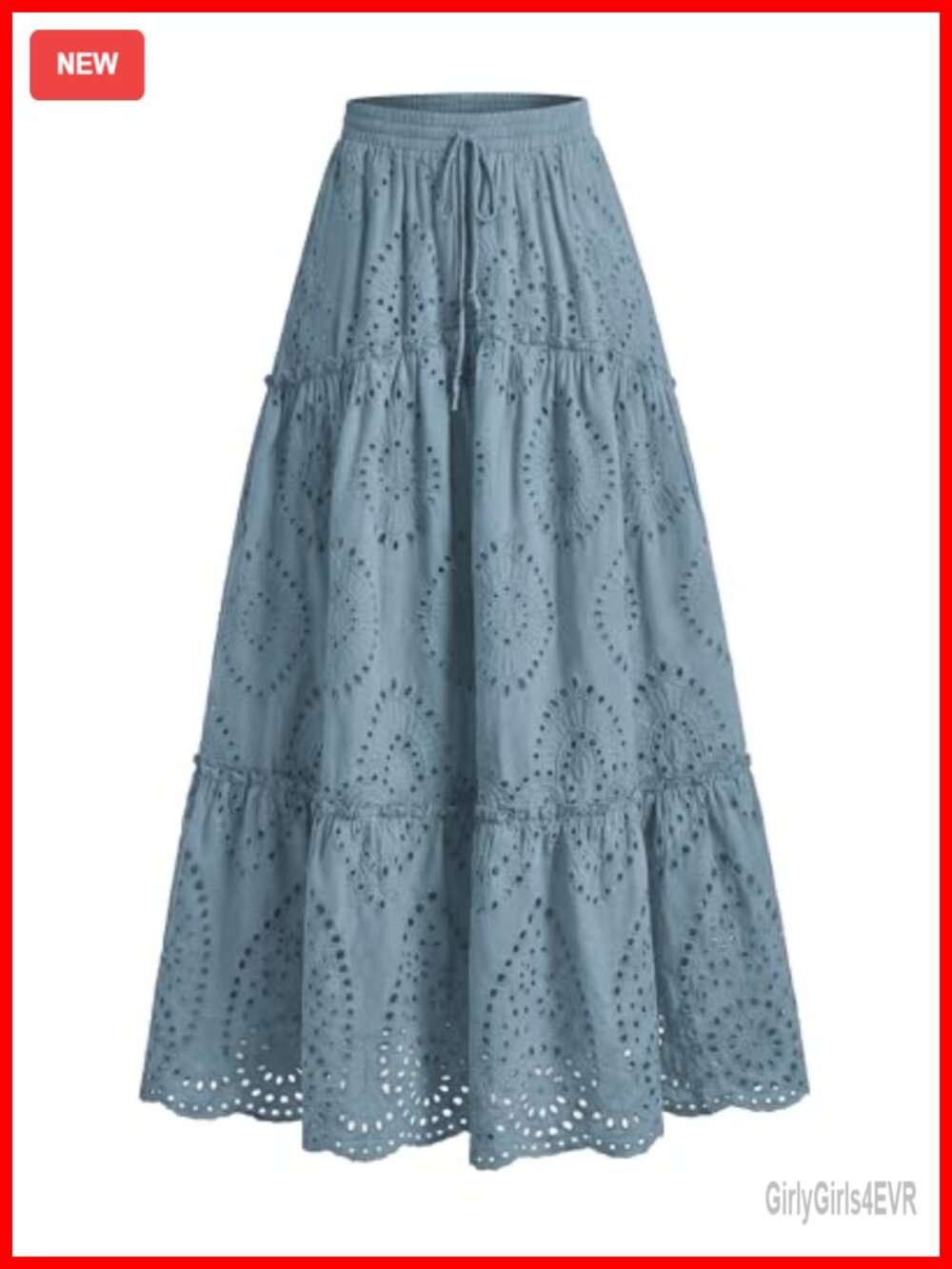 Eyelet Maxi Skirt Women Cotton A-Line Tiered Ruffle Elastic Waist